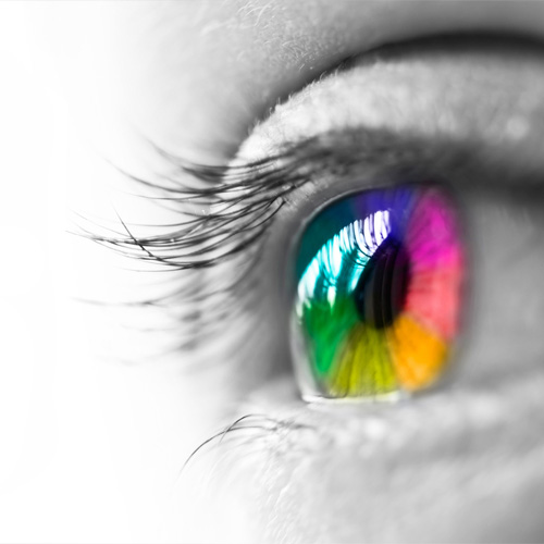 black and white picture of an eye with the iris of the eye overlaid with a rainbow of colors