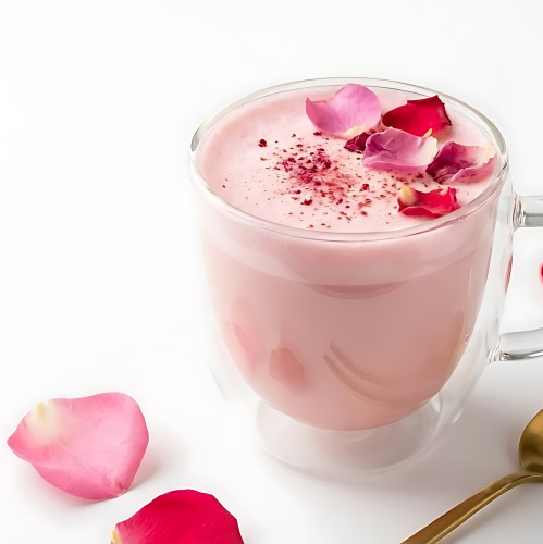 picture of a pink iced latte with rose petals scattered over the surface